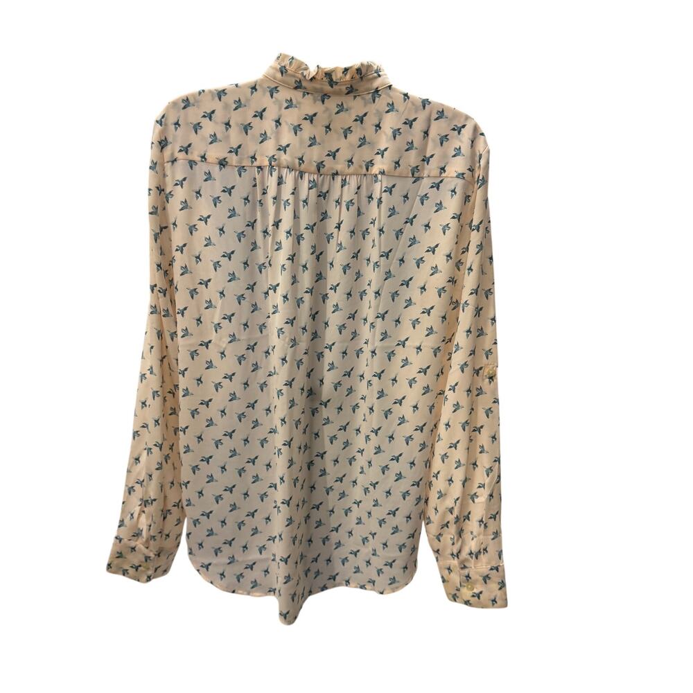Ann Taylor LOFT Mandarin Collar Pink Blouse Sz S Blue Birds Career Button Up - Picture 4 of 4